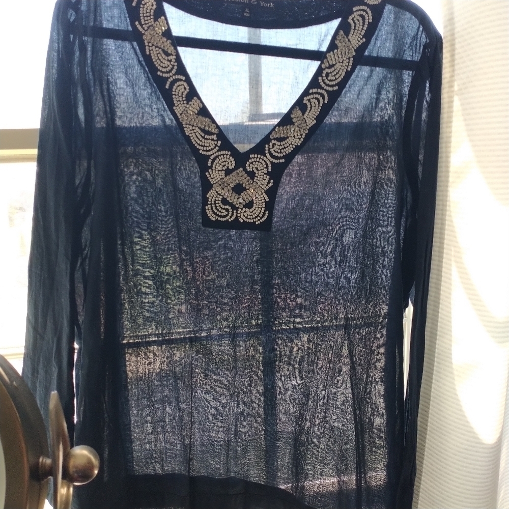 Preston & York Dark Navy V Neck w Beads & Sequins Tunic Top XL - Picture 12 of 14